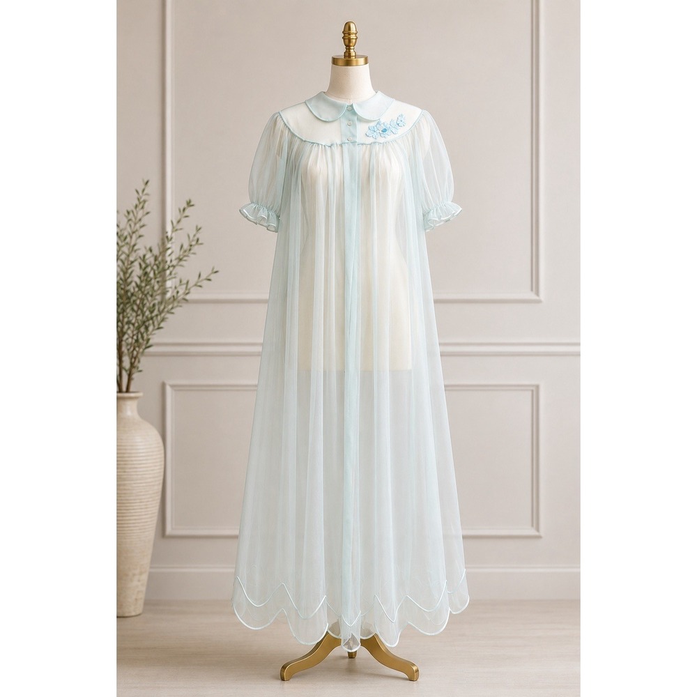 VTG Shadowline Blue Peignoir Robe M Sheer Nylon Bridal Coquette Cottagecore